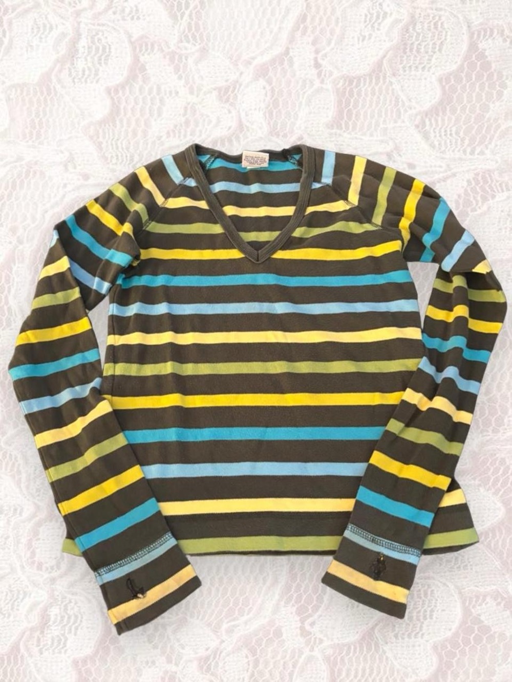 Long Sleeve V-Neck Stripe Top - Brown Multi